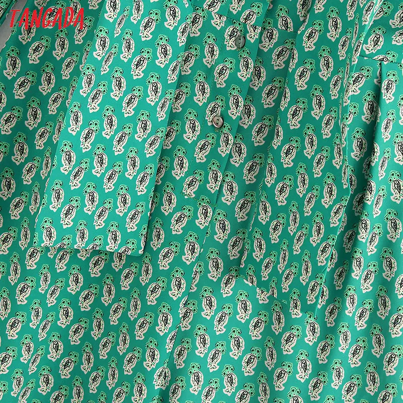 Tangada 2020 Fashion Women floral print green jumpsuit bow waist long sleeve strethy waist vintage female casual jumpsuit BE320
