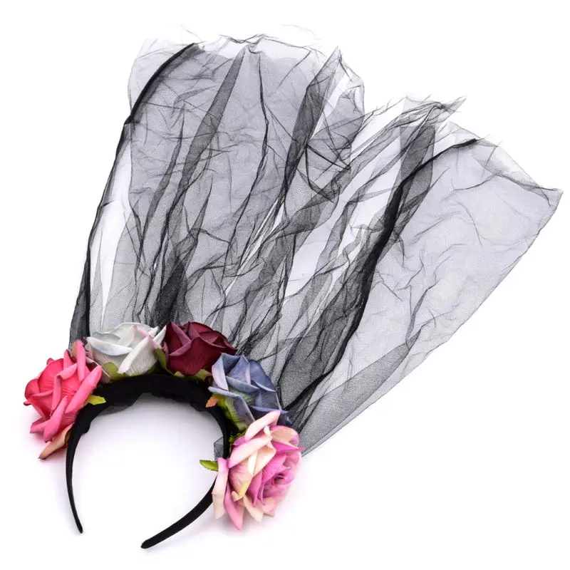Черная Кружевная повязка на голову с вуалью на Хэллоуин для женщин, контрастный цветной Искусственный цветок розы, обруч для волос, Мексиканский Карнавальный костюм для вечеринки