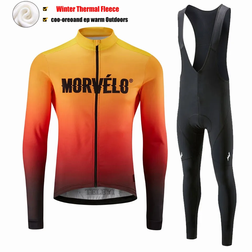 Зимний термальный флис Morvelo для мужчин велосипед с длинным рукавом Велоспорт Джерси Набор Pro команда Открытый Горный Дорожный велосипедный Триатлон - Цвет: 6
