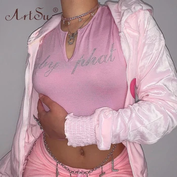 

ArtSu Diamond Beading Letter Pink Cute Tank Top Female Casual Deep V Neck Sexy Club Crop Tops Summer Black 2020