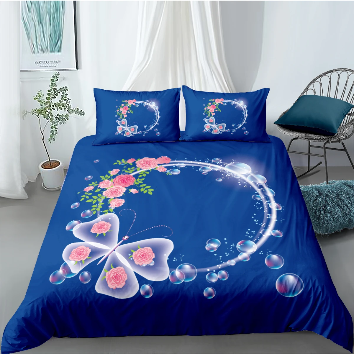 

3D Blue Bedclothes Flower Duvet Cover Sets Garland Comforter Cases Pillow Slips Full Double Single Twin Queen Size 180*210cm