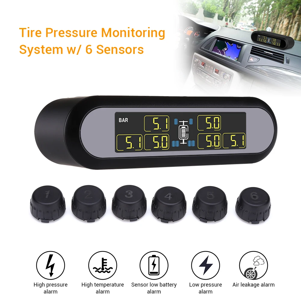 

Blueskysea Solar Power Car TPMS LCD Pressure Gauge Tyre Pressure Monitoring System Auto Security Alarm for Trailer/RV & van