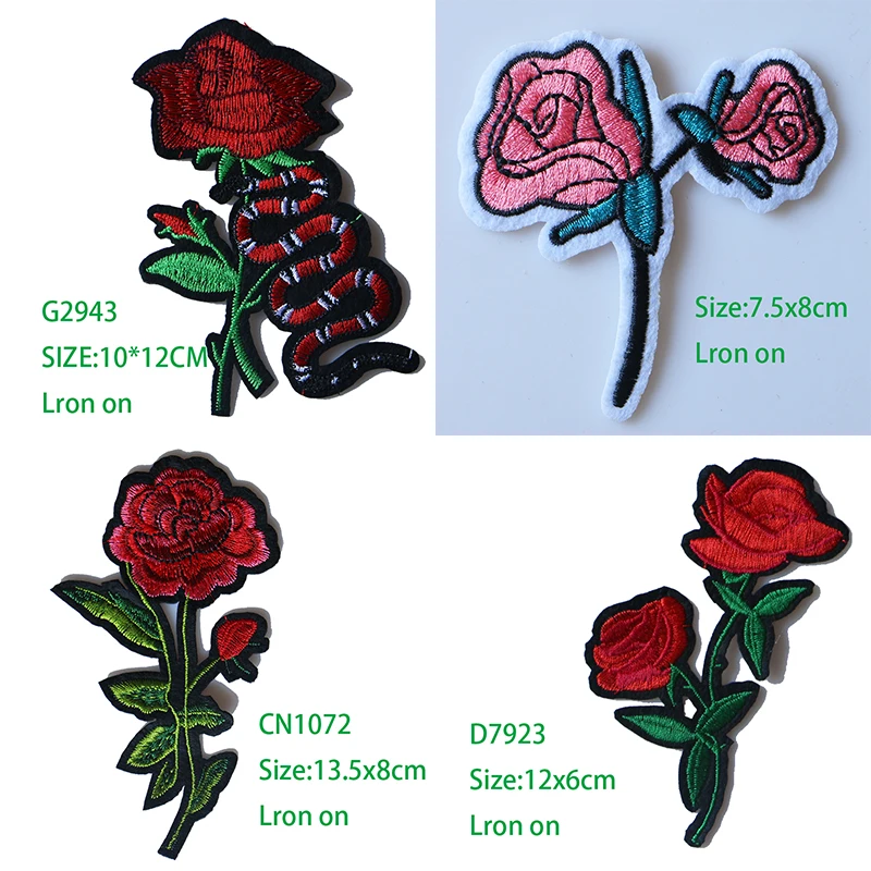 

Rose with Leaves in Love Embroidered Iron on Patches for Clothing DIY Stripes Clothes Patchwork Sticker Custom Flowers Badges