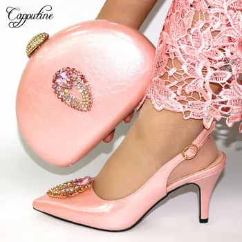 

Capputine African Rhinestone Pink Color Shoes And Bag Set New Italian Summer High Heels 9.3CM Shoes And Bag Set For Party Dress