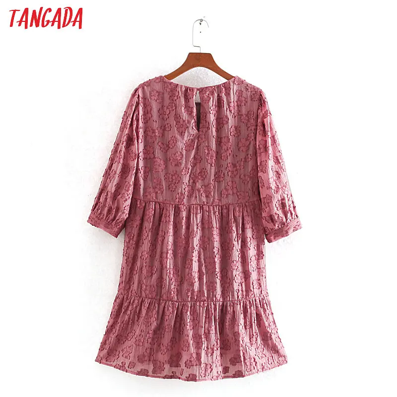Tangada женское элегантное платье с вышивкой 3D цветы розовое платье с длинным рукавом милое Плиссированное мини-платье vestidos CE227