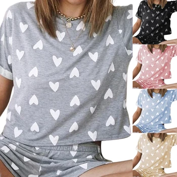 

Women Love Pattern Pajamas Two Piece Sets Casual Round Neck Short-sleeved Top Loose Shorts Home Clothes Suit