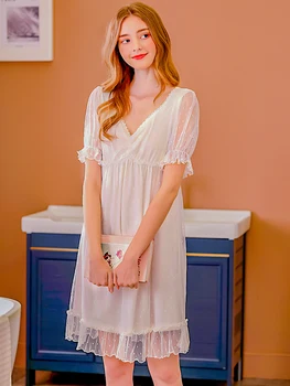 

Sexy Nightdress Deep V Lace Sleepwear Women Lingerie Princess nightie Nightgown Sleepshirts Short-sleeves Nightwear Home Dress