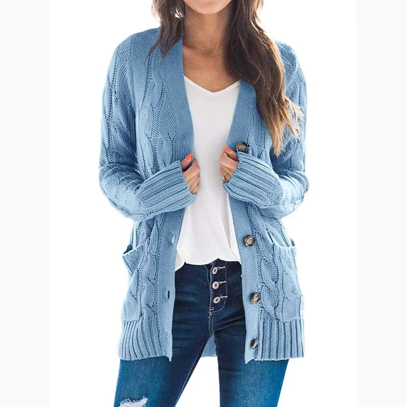 thumbnail image 5 of Cárdigan de moda Otoño Invierno 2021 para mujer, cuello en V, un solo pecho, suéter de punto sólido, abrigo de mujer, manga larga, prenda de punto informal, 5 of 5