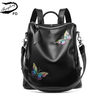 

Fengdong female small black leather backpack women shoulder bag split leather butterfly decoration ladies anti theft backpack