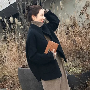 

Winter Women Casual Thicken Wool Coat Streetwear Female Pockets Black Jackets Warm Woolen Outwear Females Overcoat Korean Style