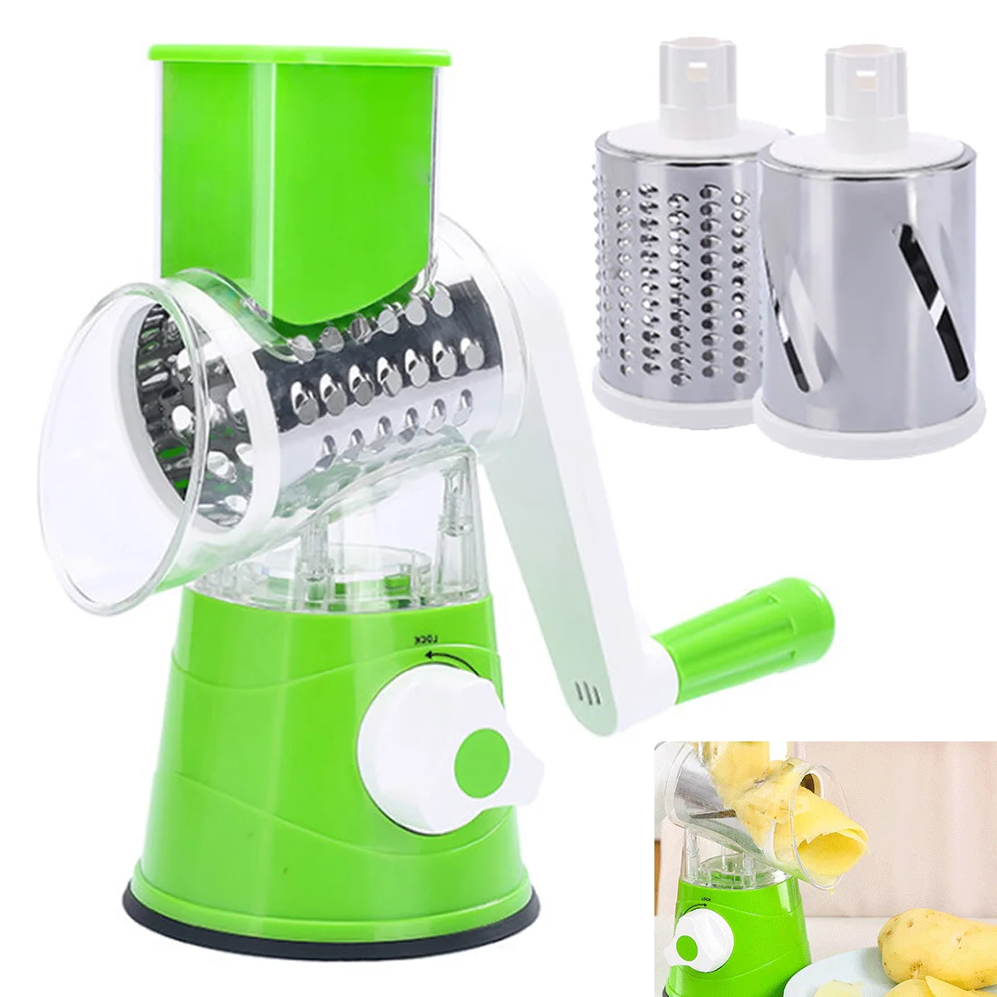 

3 in 1 Swift Rotary Drum Vegetable Slicer Grater Nut Shredder Cutter Peeler Spiralizer Cheese Chopper Potato Carrot Onion Grater