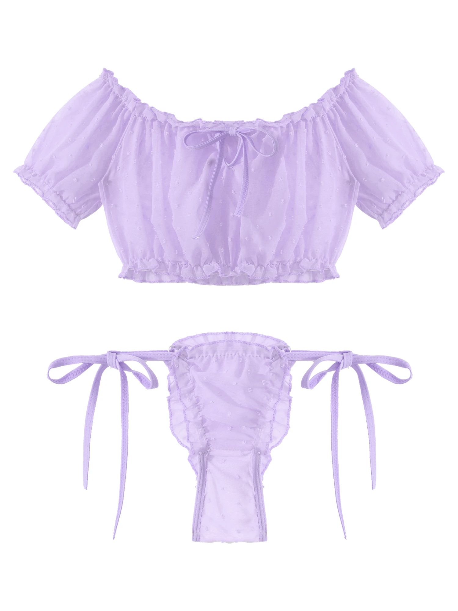 Two-piece Sissy Lingerie Set Sexy Underwear Set Nightwear Off Shoulder Ruffled Crop Top Lace-up Frilly Thongs For Men