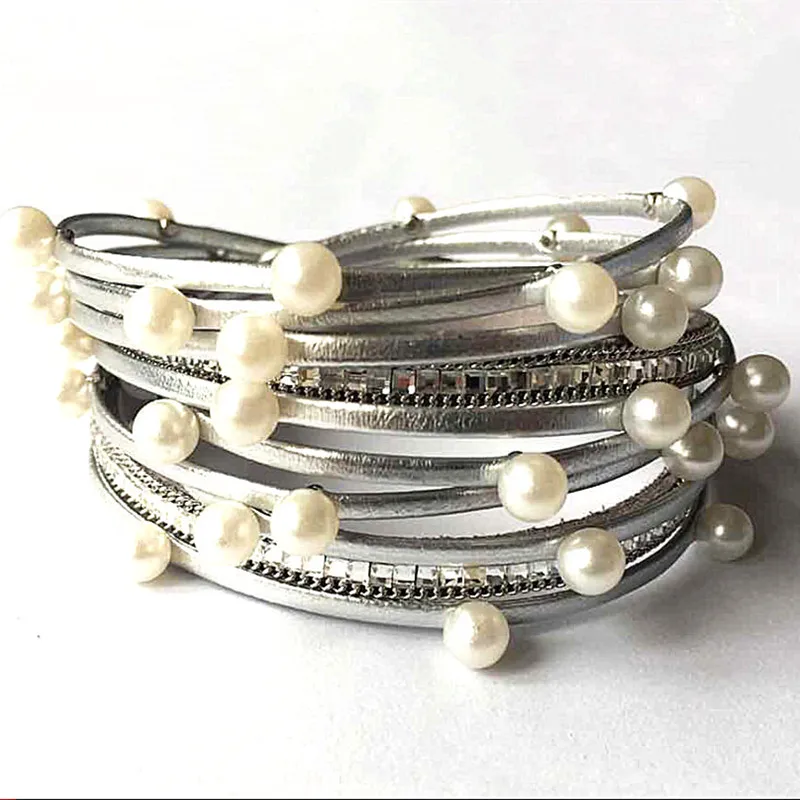 Многослойный кожаный браслет с хрустальными бусинами Boho браслеты для женские с магнитом пряжка ручной работы браслет манжета ювелирные украшения в подарок любимой