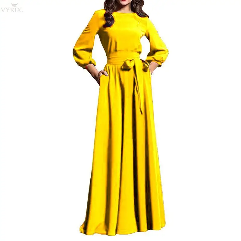 Womens Dresses Spring Maxi Long Dress O-neck Puff Sleeve Solid Sashes Vintage Dress Fashion Bohemian Dress Pleated Party Dresses