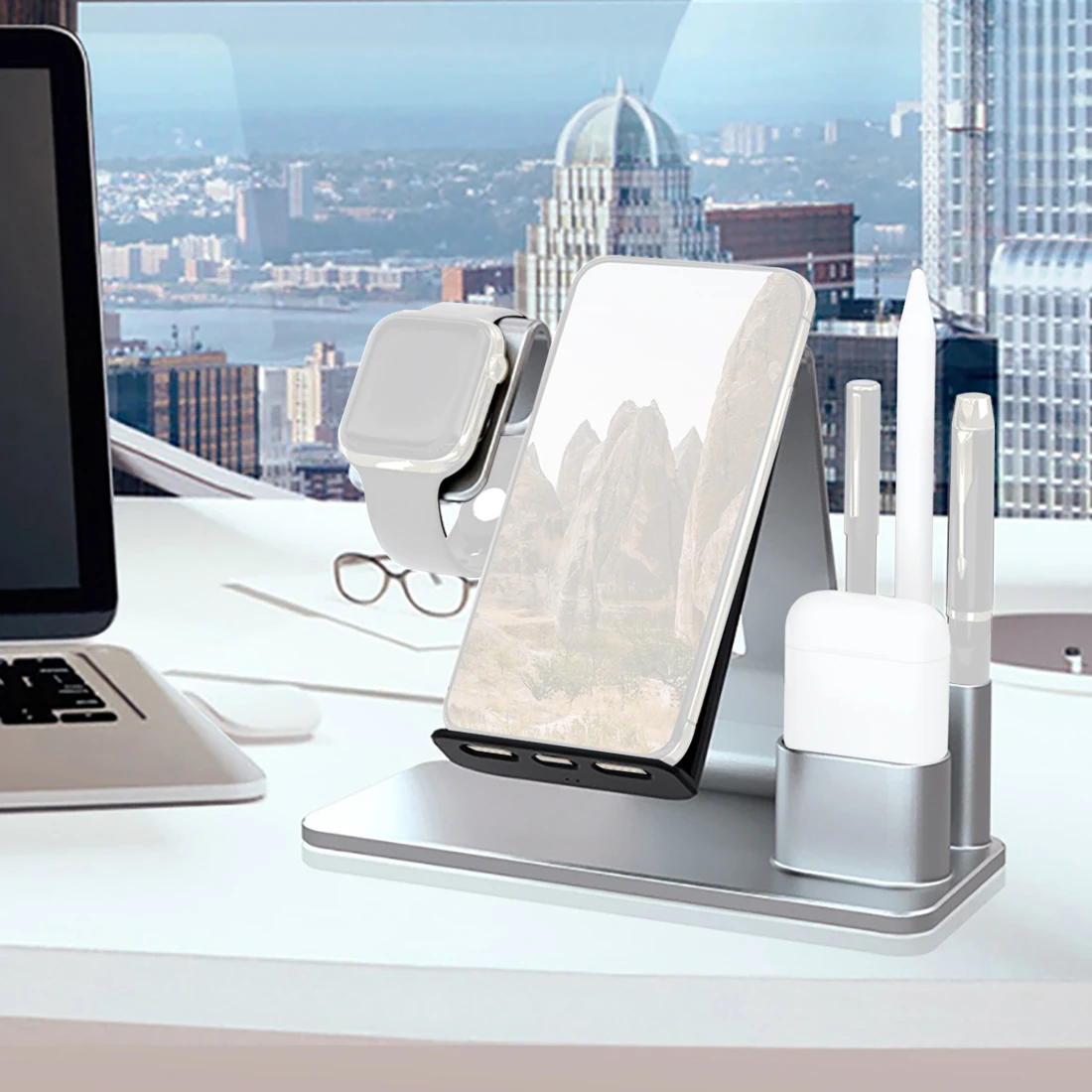 Multifunction Pen Holder 15W Fast Wireless Charger Dock Station Stand 3 in 1 for Apple Watch / AirPods / for iPhone 11 Pro XS X