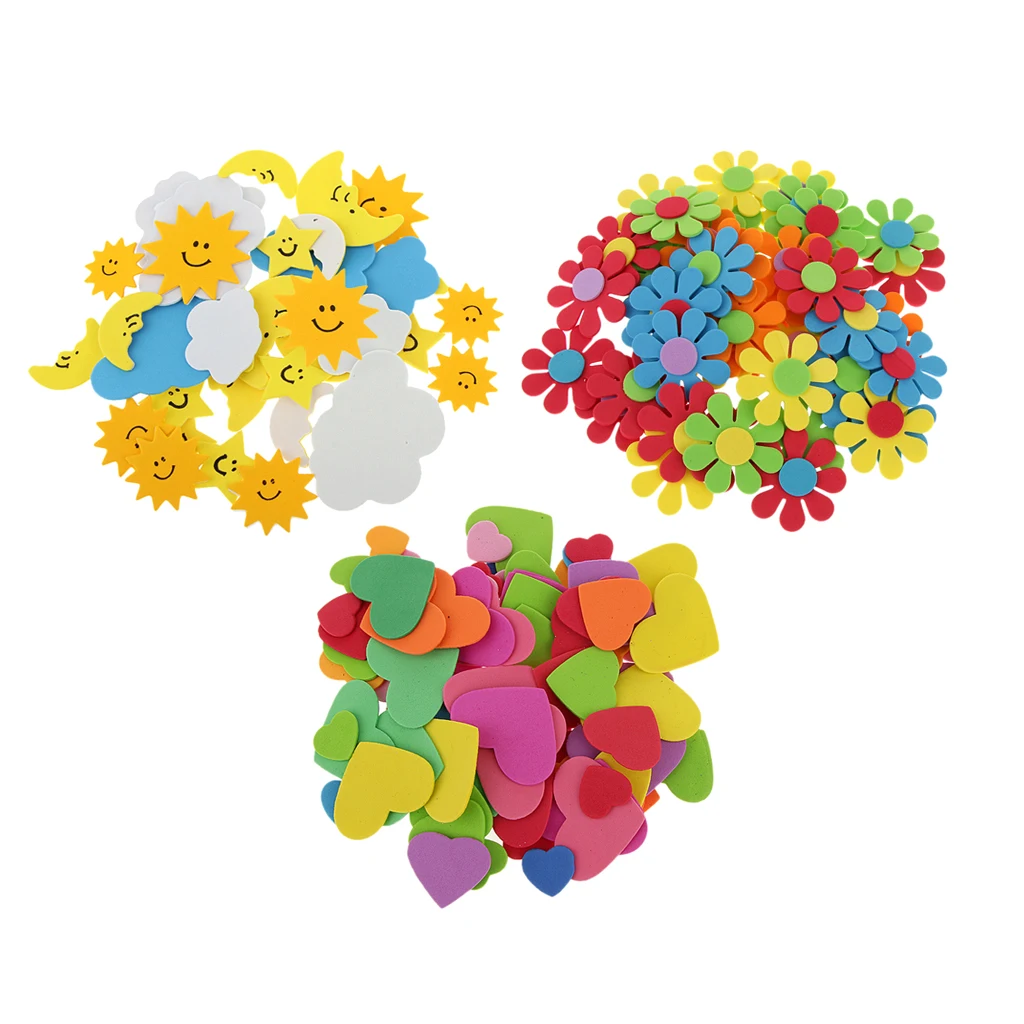 180 Pieces Mixed Foam Heart Flower Sun Clouds Shape for DIY Kid Craft Home Decoration