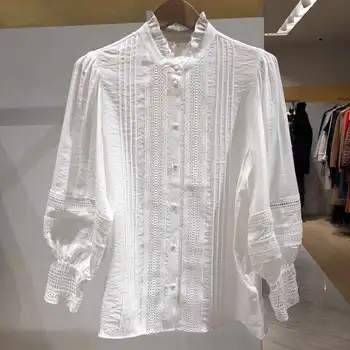 

2020 Spring And Summer New Sweet Palace Style Ruffled Collar Puff Sleeve Hollow out Lace Versatile WOMEN'S Blouse