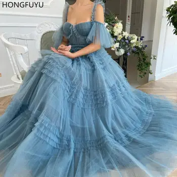 

HONGFUYU Ruffled Tulle A Line Prom Dresses Long Tiered Evening Dress Party Gowns Off the Shoulder Sleeve vestidos de fiesta