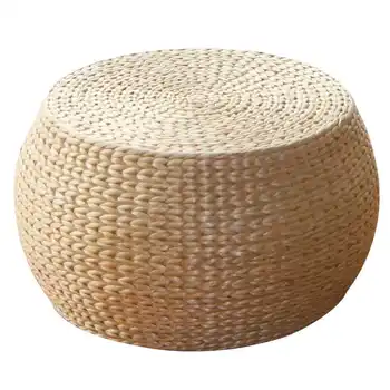 

Natural Straw Handmade Cushion Living Room Round Tatami Wood Change Shoes Stool Small Coffee Table Wood Bench