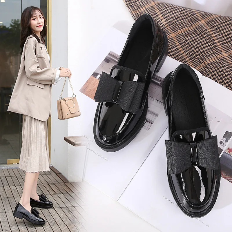 

Black And White with Pattern Small Leather Shoes Women's 2020 Spring New Style Japanese-style Bow England College Style Slip-on