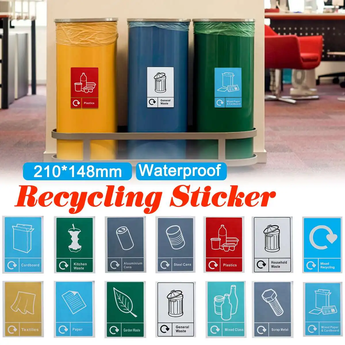 ถังขยะสติ๊กเกอร์ป้ายรีไซเคิลรีไซเคิลสติกเกอร์ Waste ป้ายป้ายกันน้ำขยะ ...