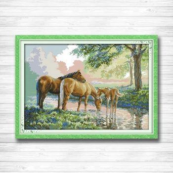 

Horse family In the forest Pattern Printed on canvas DMC 11CT 14CT Cross Stitch kits Needlework Set Embroidery Animal Home Decor