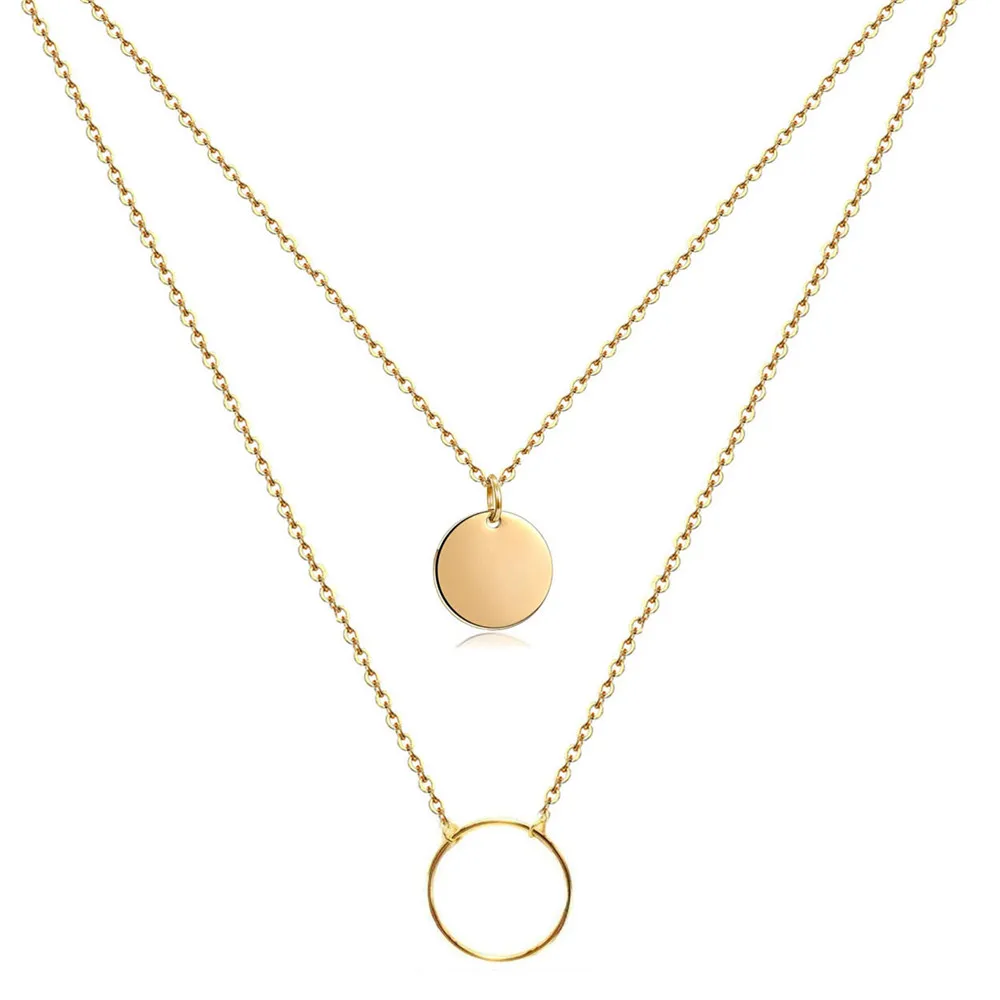 Двухслойное ожерелье из нержавеющей стали с круглой полой круглой подвеской для женщин, элегантное ожерелье с ключицей, свадебные ювелирные изделия - Окраска металла: gold color
