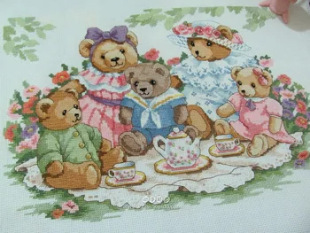 

100% egypt COTTONFREE delivery hot sell counted cross stitch kit teddy bear Afternoon tea DIM 3733
