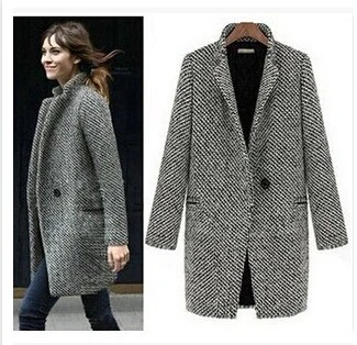 

2019 Woman Plus Size S-4xl Plaid Wool Blend Coat Grey Tweed Long Sleeve Single Button Wool Overcoat Trench Coat Jacket