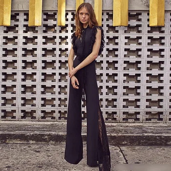 

Rompers High Quality Summer New Fashion Women'S Party Elegant Vintage Office Casual Pants Lace Stitching Black Slim Jumpsuits