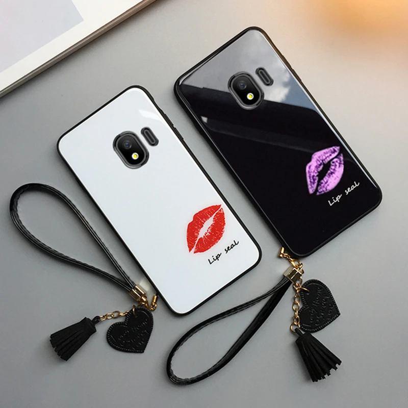 

Case & Strap For Samsung Galaxy j8 j6 j4 2018 j5 j7 Prime For Samsung j4 j6 j8 2018 j5 Prime Cover lip print Glass Hard Casing