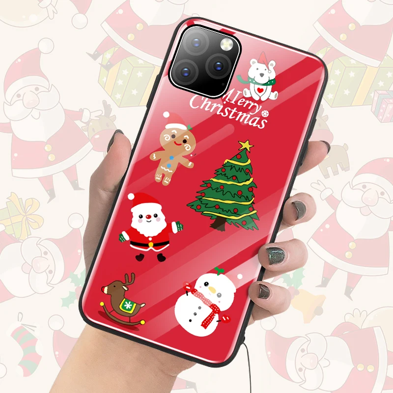 

Cute Christmas Deer Tree Glass Phone Case For iPhone 11 Pro Max XSmax XR XS X 10 8 7 6s 6 Plus Luxury Silicone Cover coque Funda