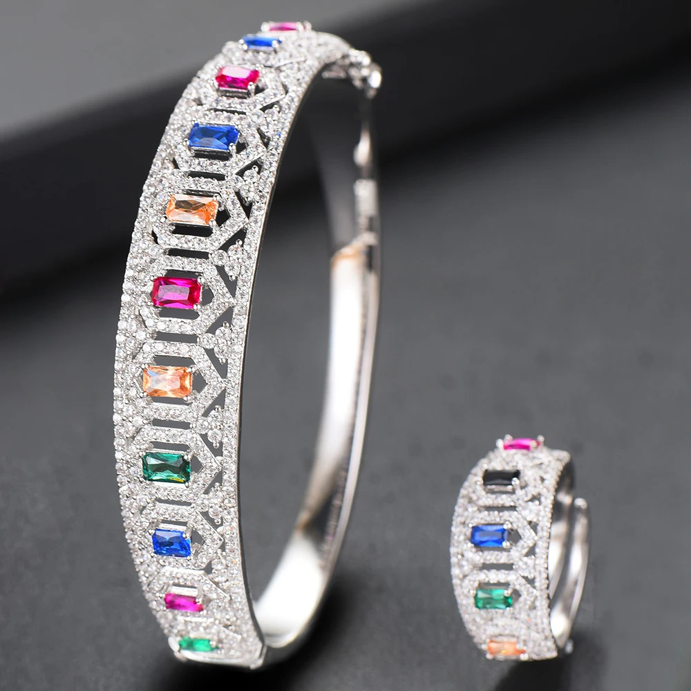 

LARRAURI 2PCS Bracelets/Ring Luxury Cubic Zirconia Open Bangle Resizable Rings Trendy Girls Women Patry Wedding Jewelry Sets