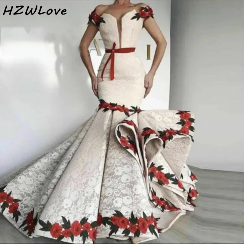 

Dubai African Prom Dresses Off The Shoulder Appliques Lave Flowers Sash Lace Mermaid Evening Dress robe de soiree Women Wear