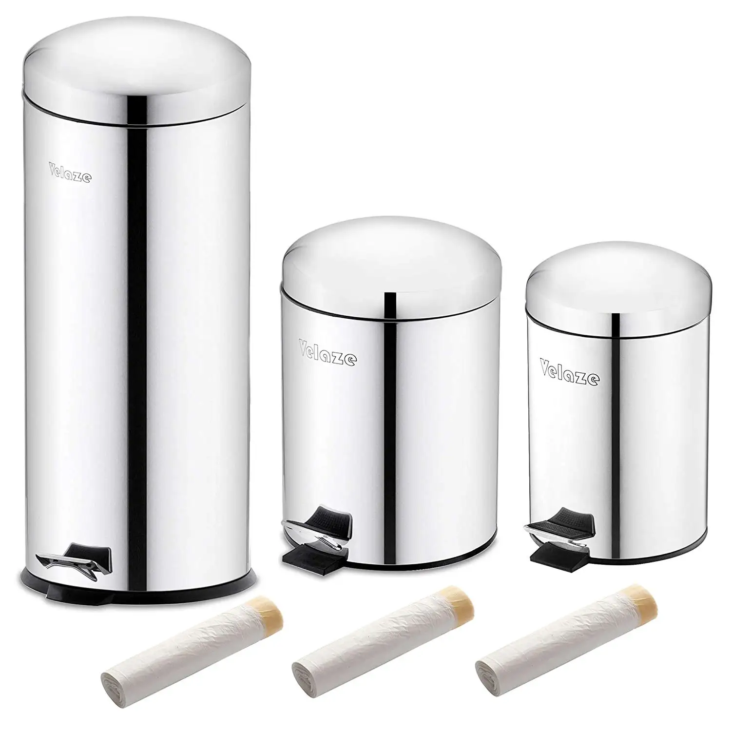 Velaze Foot Pedal 3-Piece 3L/5L/30L Stainless Steel Trash Bin with 60 Rolls Bags Household Kitchen Can Lid | Дом и сад