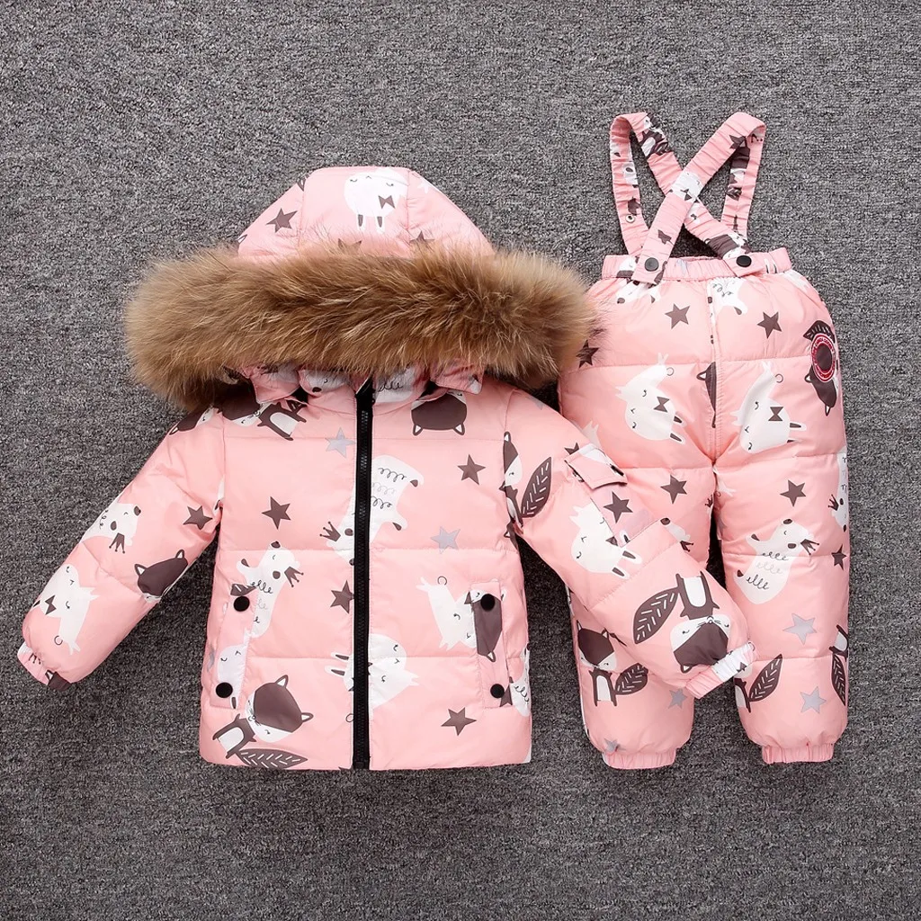 

2pcs Baby Clothes Set Kids Boys Winter Faux Fur Hooded Parka Down Puffer Padded Overcoat Pants Set roupas infantis menina W827