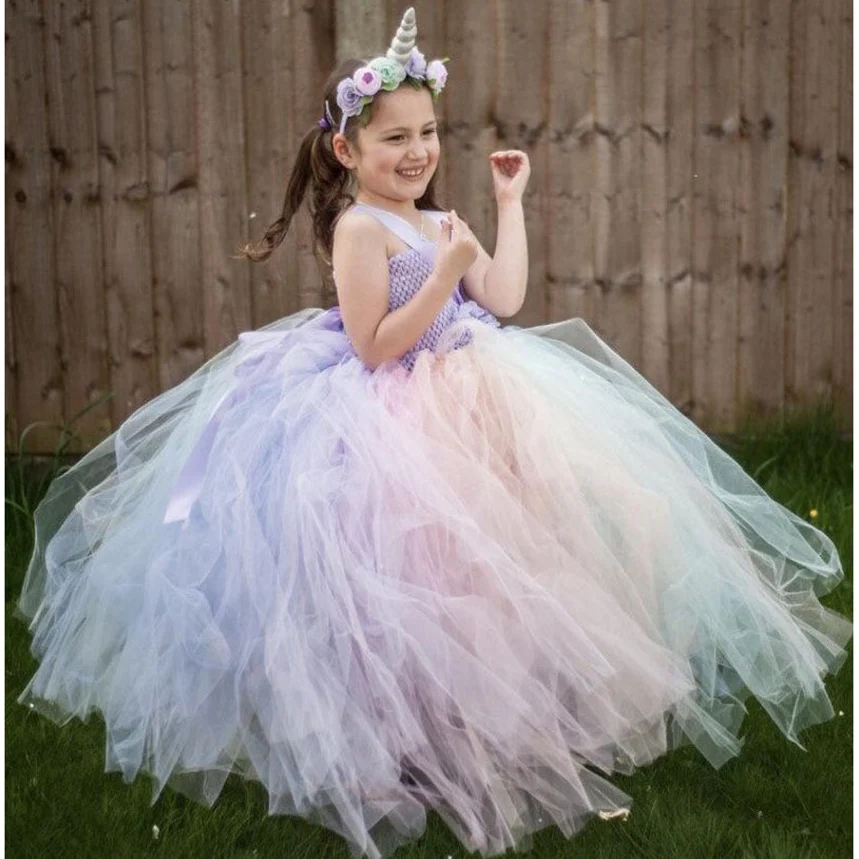 Пышное Пастельное платье-Пастельное платье с цветочным рисунком и единорогом детское платье-пастельные тюлевые бретели бальное платье с бантом для волос, детский праздничный костюм, платье