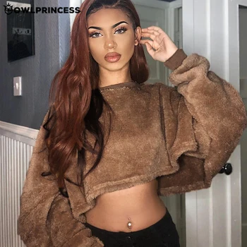 

OWLPRINCESS Winter Plush Sweatshirt Women Crop top Streetwear Sweatshirt Long Sleeve Loose Warm Outdoor Tops