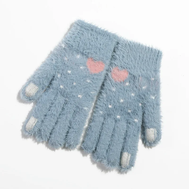 Full Blue Fashion Love Heart Gloves For Men Full Finger Knitted Gloves Winter Warm Women Half Finger Mittens - Цвет: Full Blue