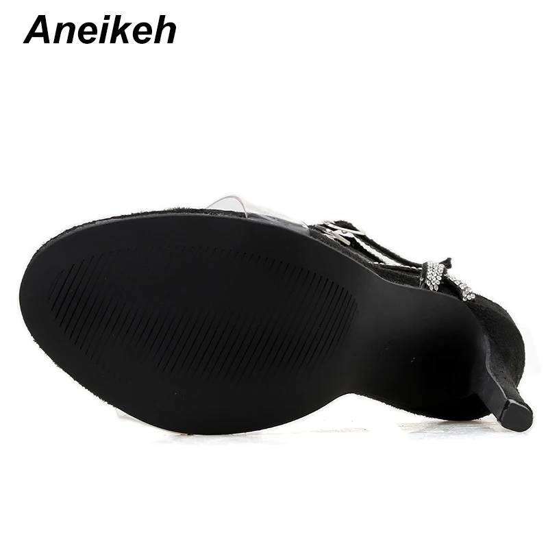 Aneikeh/женские Босоножки на каблуке из ПВХ; туфли-лодочки с ремешками на лодыжках в римском стиле; стразы; модельные туфли на высоком тонком каблуке с открытым носком и пряжкой; женская обувь; размер 42