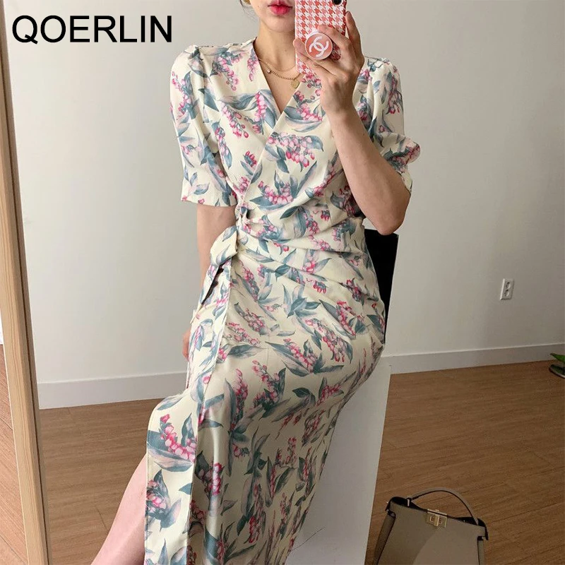 

QOERLIN 2021 Summer Korean Chic One-Piece Lace-Up V-neck Slim Loose Floral Printed Dress Elegant Short Sleeve Mid Length Dress