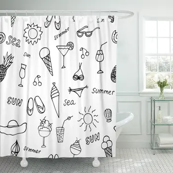 

Sketch Summer Drawing Beach Pineapple Black Shower Curtain Polyester 72 x 72 Inches Set with Hooks