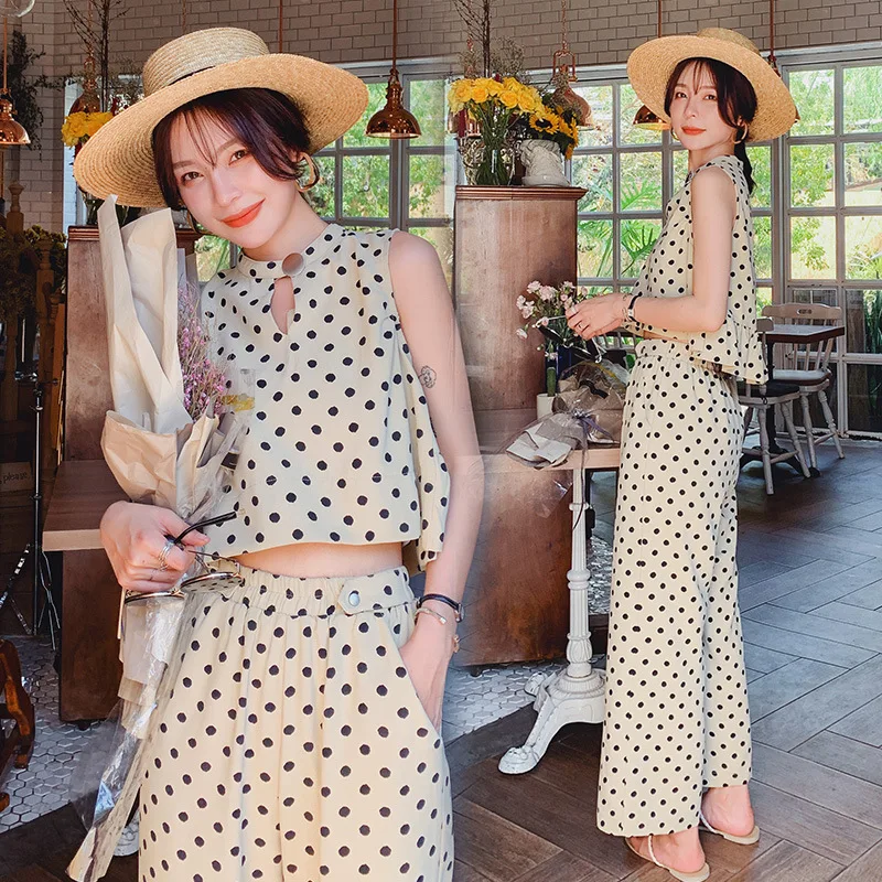 

Two-Piece Set Tops Women's Wide-Leg Capri Trousers Women's High-waisted Drape Summer Wear 2019 New Style Polka Dot Set Western S