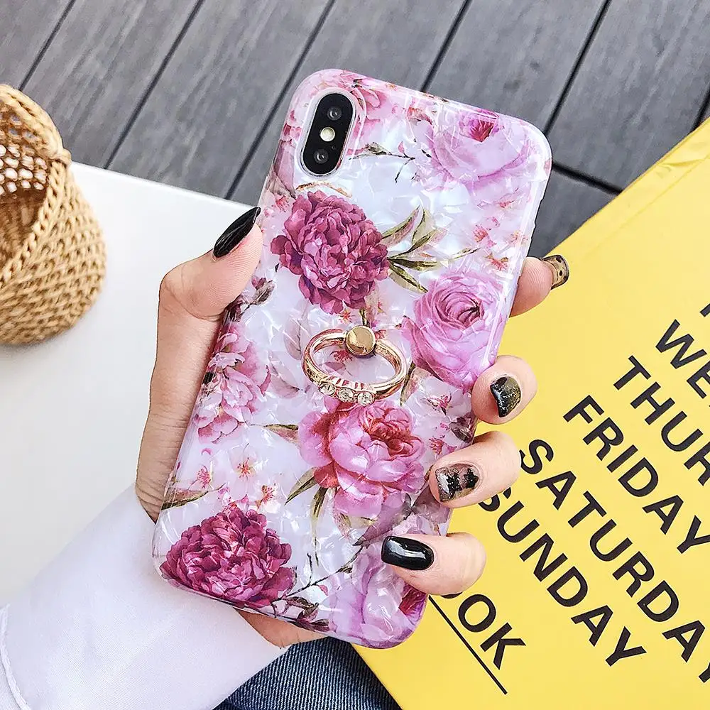 2(With Finger Ring) Винтажный чехол с цветочным рисунком, переносное кольцо, подставка, держатель для iPhone 11 Pro XR XS Max X 6 6s 7 8 Plus, защита экрана, мягкий чехол - Цвет: 2(With Finger Ring)
