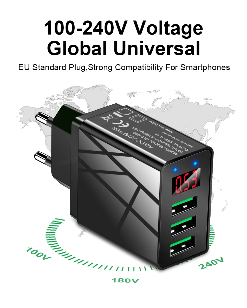 USB зарядное устройство для iphone зарядное устройство светодиодный дисплей 3 USB 5V 3A Быстрая зарядка настенное зарядное устройство для iphone samsung Xiaomi Max 2.4A Быстрая зарядка