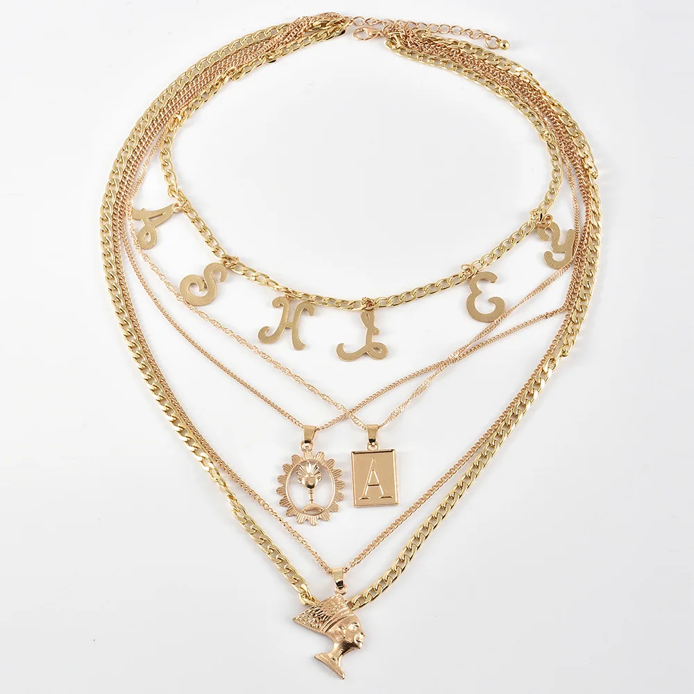 Ретро женское ожерелье с буквами трофей Фараон портрет Геометрическая подвеска цепочка на ключице многослойное золотое ожерелье, комплект украшений одежда