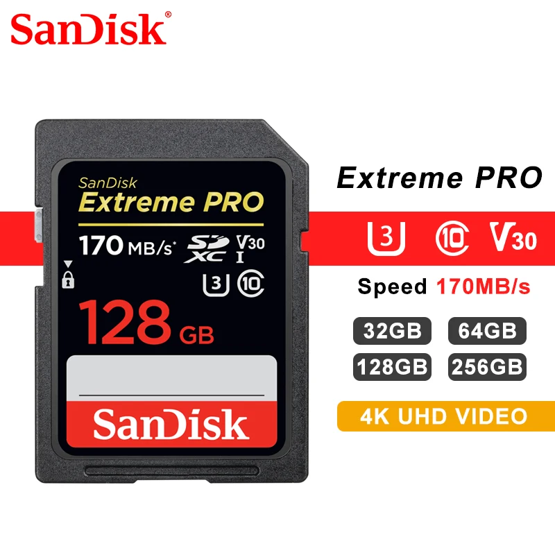 Карта памяти SanDisk Extreme PRO SD 128 Гб 64 ГБ 32 ГБ 16 ГБ 256 ГБ SDHC UHS-I высокоскоростная карта памяти 633X Class 10 95 МБ/с./с V30 для камеры