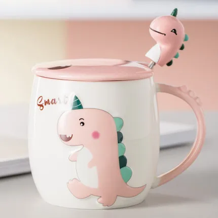 350ML Cute Cartoon Dinosaur Ceramic Mug With Lid Spoon Milk Breakfast Mug Ladies Office Mug Childrens Breakfast Mug