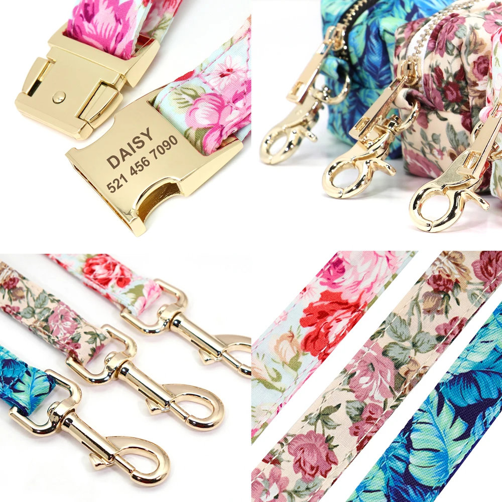 Flower Dog Collar Leash Set Custom Small Medium Large Dog Pet Collars Floral Print Nylon Dog