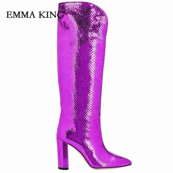 

Sexy Crocodile Skin Leather Over the Knee Boots Pointed Toe Chunky Heels Thigh High Boots Sexy Purple Long Boot for Woman 2020